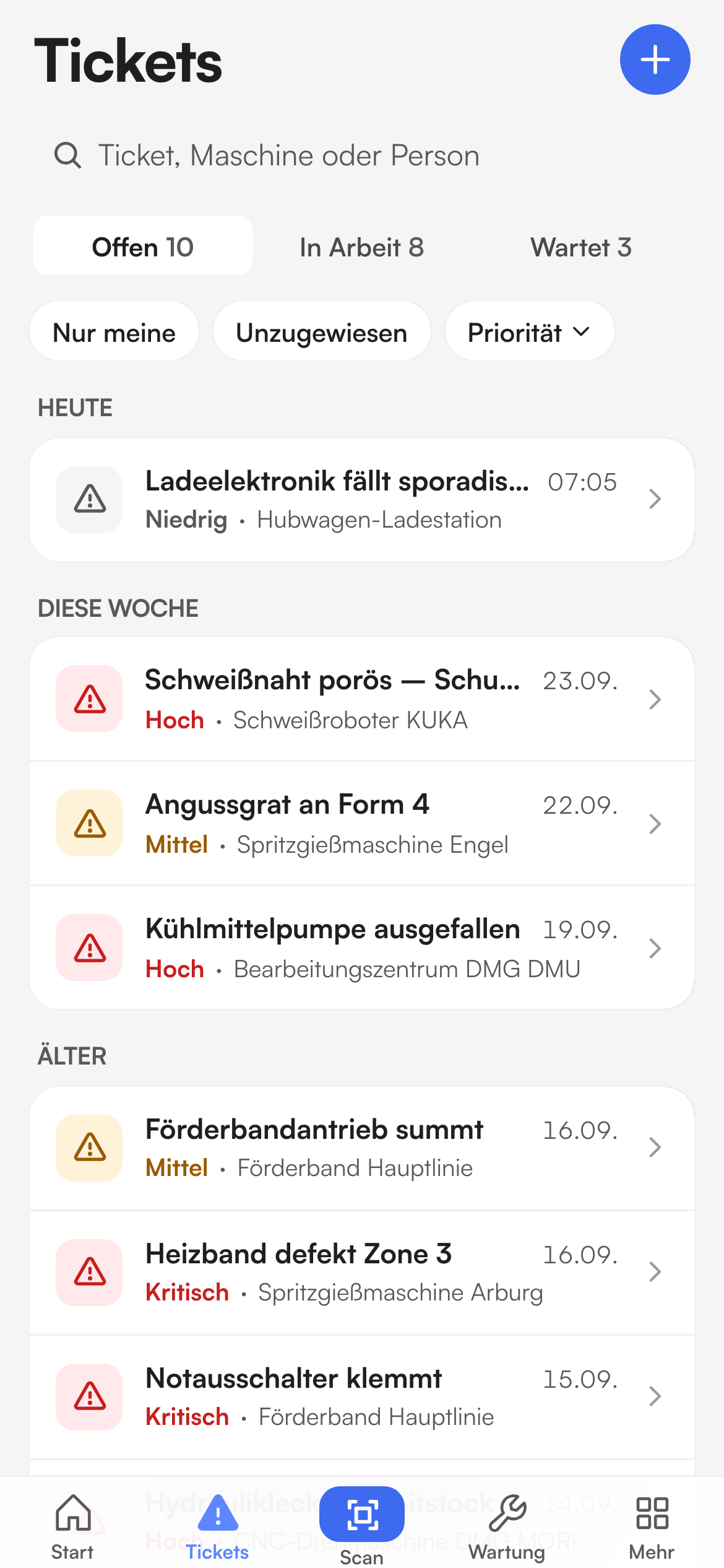 Prodify auf einem Handy: die Ticket-Liste als Karten mit dem Scan-Knopf in der unteren Leiste.