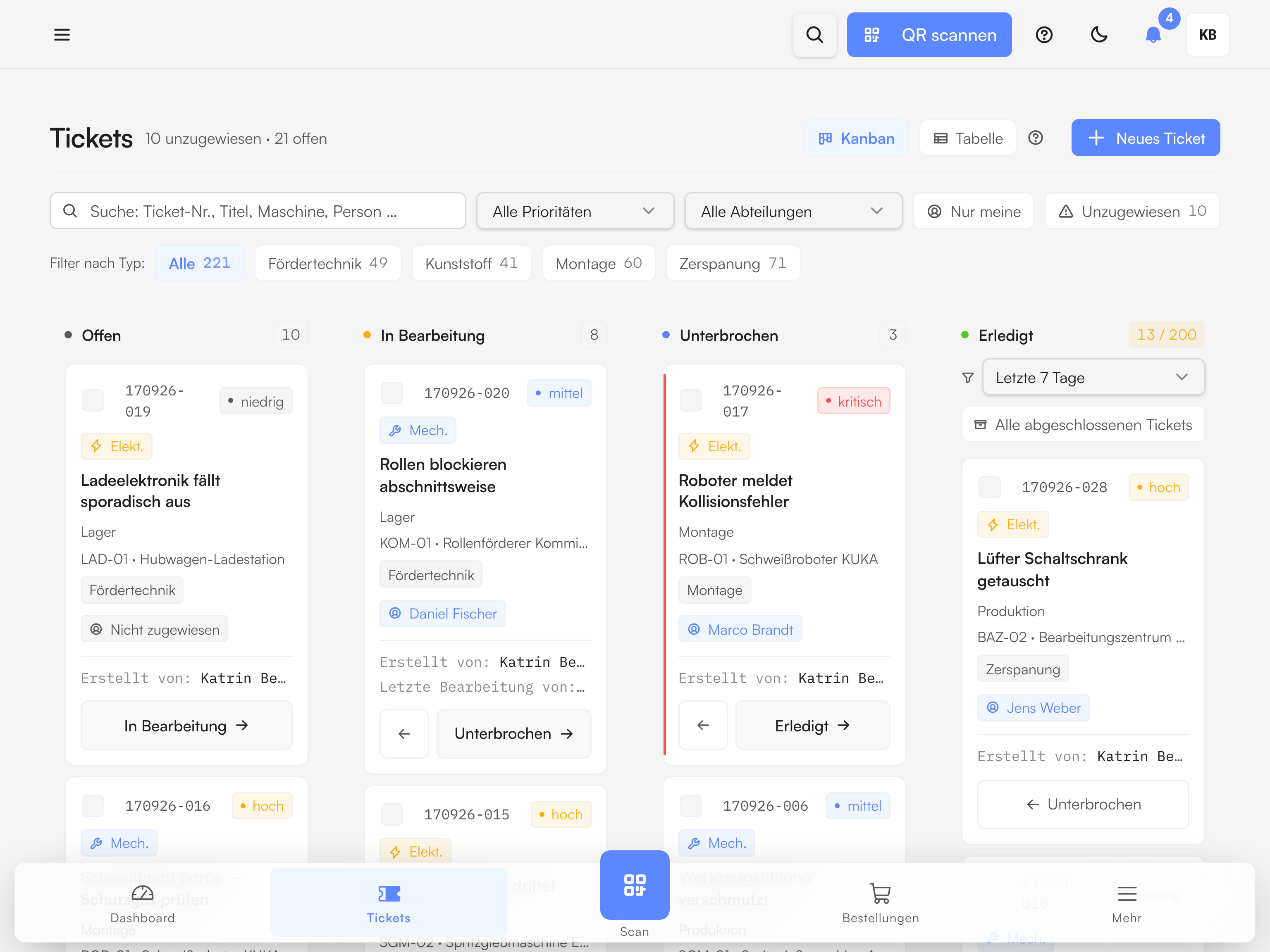 Prodify auf einem Tablet im Querformat: das Kanban-Brett mit allen Spalten und der unteren Leiste.