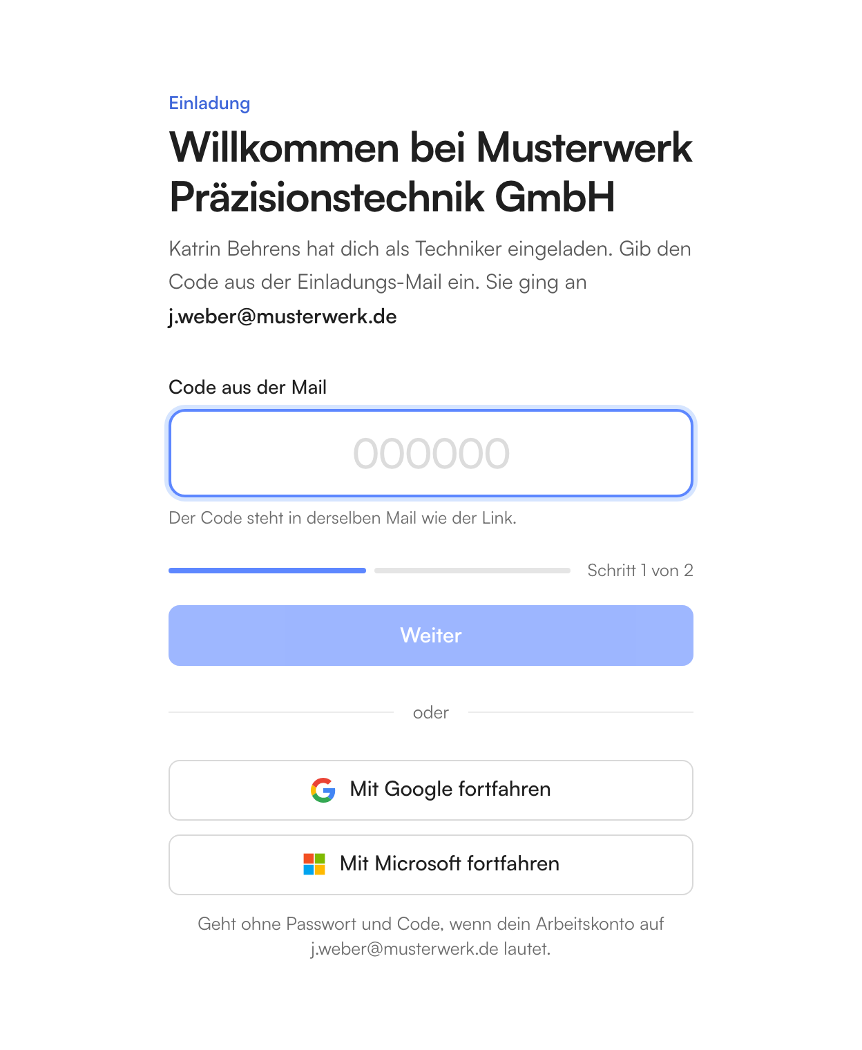 Einladung annehmen, Schritt 1: der Code