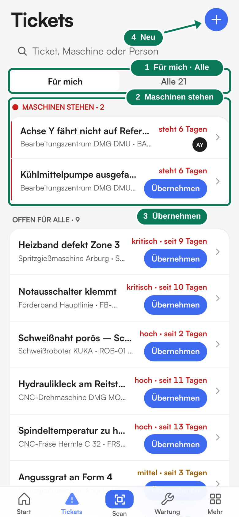 Die Ticketliste am Handy, Blick „Für mich“