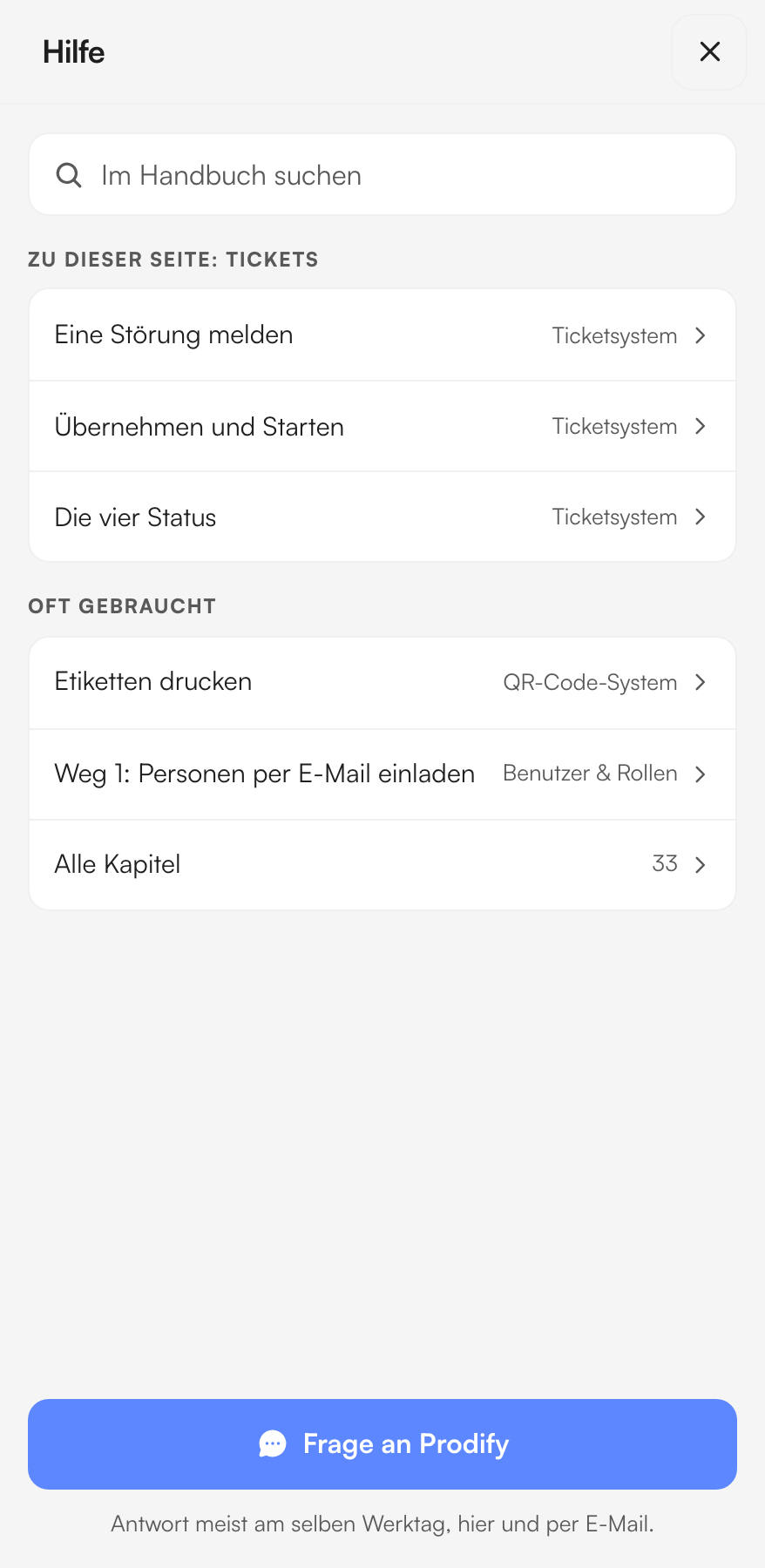 Das Hilfe-Fenster, geöffnet von der Ticketseite