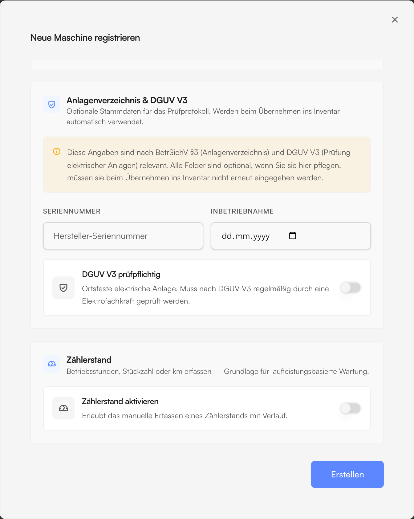 Der untere Teil des Anlege-Dialogs — darüber liegen Grunddaten, Hersteller & Modell, Zuordnung und „Standort & Notizen“.