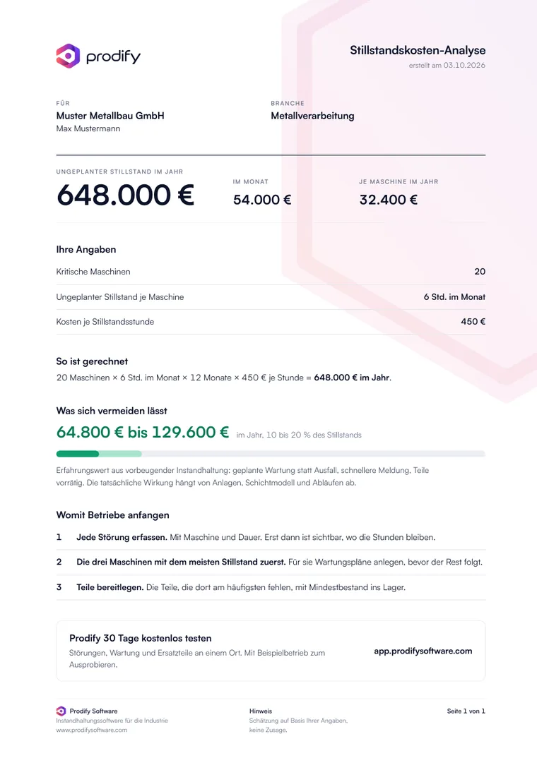 Beispiel einer Stillstandskosten-Analyse als PDF